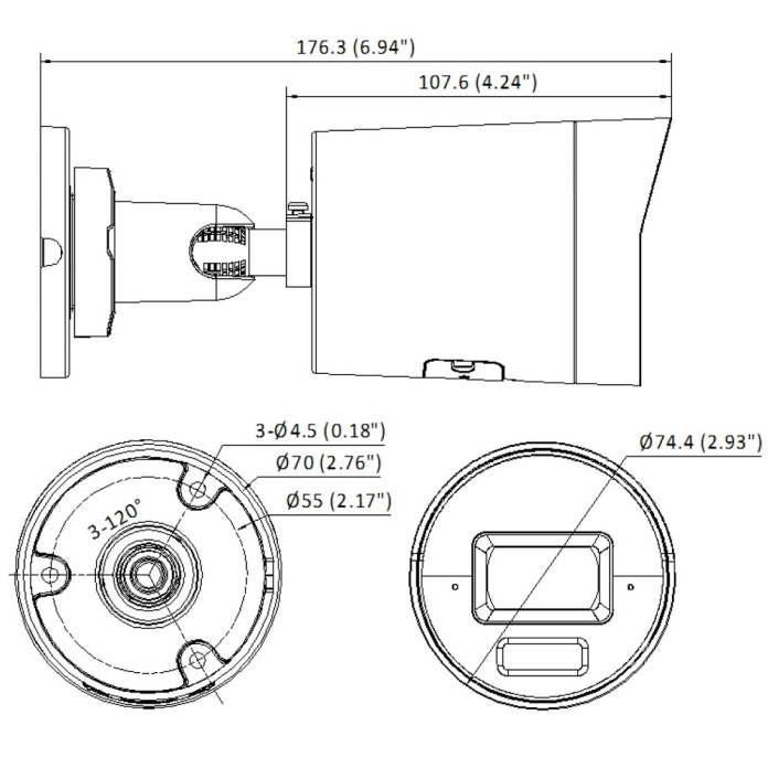 Rysunek techniczny kamery tubowej Hikvision 8Mpx